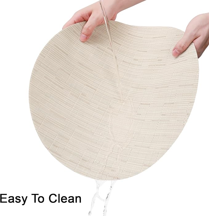 15 Inch Round Placemats Set of 4, Washable Vinyl Woven Place Mats | Heat Resistant Non-Slip Braided Table Mats for Dining Table Kitchen Indoor & Outdoor Use (White, Set of 4)