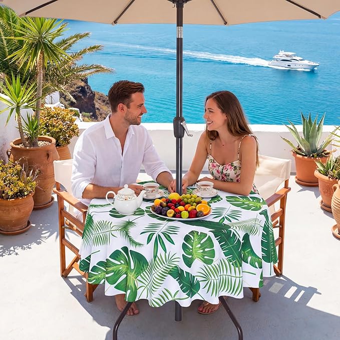 Poise3EHome Round Outdoor Tablecloth with Umbrella Hole and Zipper,Palm Leaf 70 Inch,Polyester SpillProof Washable Table Cloth for Spring Summer Patio Garden Poolside Picnic Camping BBQS