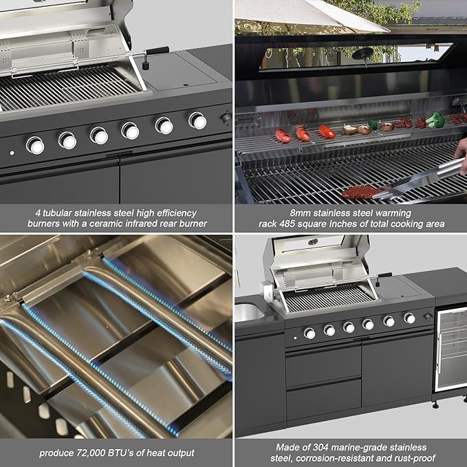 Outdoor Kitchen Island, 84.6 Inch 72000 BTU Propane Gas Grill Combination With Refrigerator and Sink, Outdoor Stainless Steel Barbecue Bar, Propane Grill, for Patios, Gardens, Parties