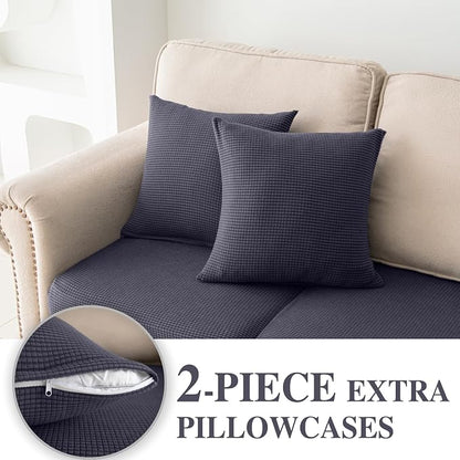 LA MEACK Couch Cushion Covers for Sectional Sofa L Shape Washable Separate Seat Chaise Couch Cover Stretch Sofa Slipcovers with 2 Pcs Pillowcases(3 Seater + 1 Chaise, Dark Grey)