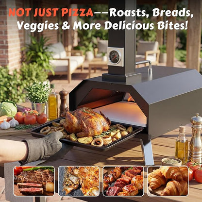 Pizza Oven Outdoor With a Thermometer, Portable Wood Fire Pizza Oven Stainless Steel Pizza Maker for Backyard or Outside Camping, Pizza Stone(11.25inch*11.25inch)