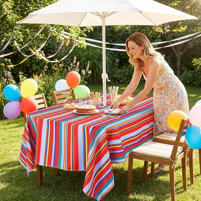 SquarePie Outdoor Tablecloth with Umbrella Hole and Zipper Rectangle Spillproof Stain Resistant Table Cloth Cover for Patio Picnic Camping Poolside BBQs Host Backyard, 60x104 Inch Color Stripe