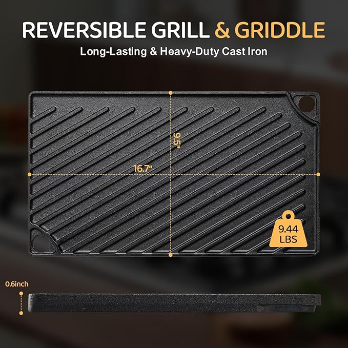 Reversible grill and griddle with cast iron properties on a dark background