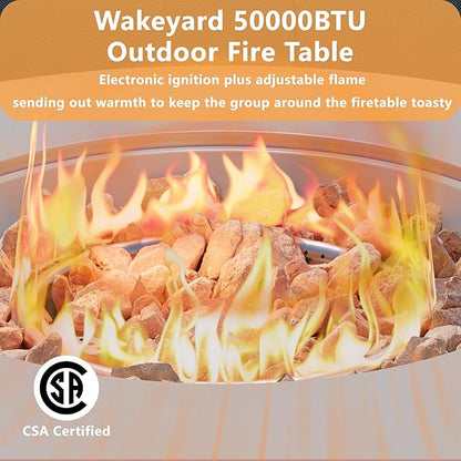 32 inch Round Propane Fire Table, 50,000 BTU Gas FirePit, Patio Fire Pit Table with Steel Lid, Rain Cover, 10ft Propane Hose, Lava Rocks, Grey