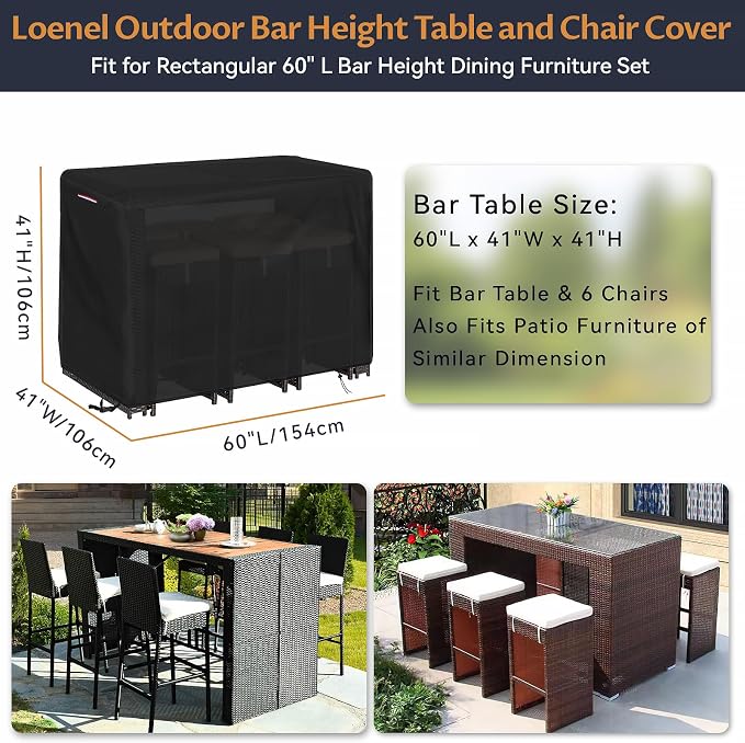 Outdoor Bar Set Table Covers Waterproof, 60"L x 41"W x 41"H | Tall Bar Height Patio Table Covers for Outdoor Furniture Rectangular 60" Long Patio Furniture Covers for Outdoor Dining Table