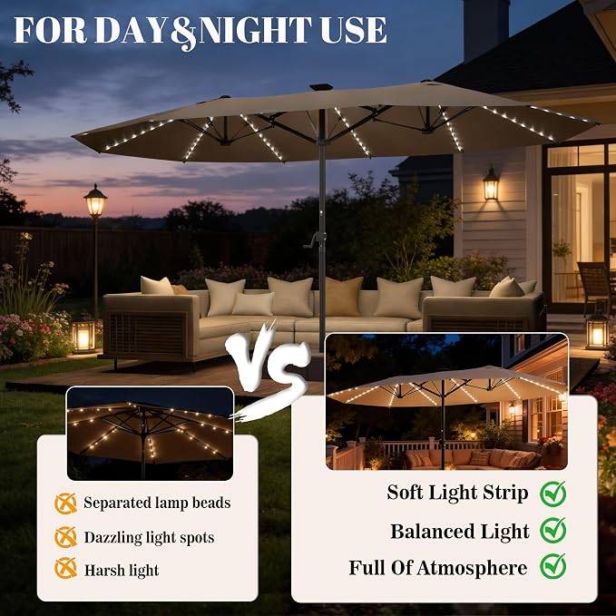 GDPFN 13ft Large Patio Umbrella with Solar Lights, Outdoor Double-Side Rectangular Umbrella, Backyard Pool Umbrella with LED Light for Deck, Outside, Market, Beige (Base Not Include)