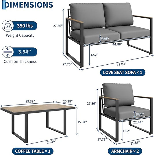 GarveeHome 4-Piece Aluminum Patio Furniture Set with Coffee Table, Outdoor Sectional Conversation Set with Washable High-Resiliency Sponge Cushions, Modern Metal Sofa for Poolside, Deck (Gray)