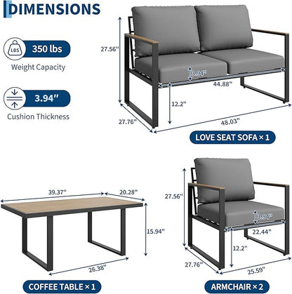 GarveeLife 4 Piece Outdoor Patio Furniture Set with Wood Coffee Table, Iron Frame Conversation Set, Gray Cushioned Chairs and Sofa for Balcony, Patio, Backyard