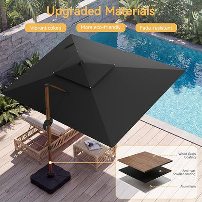 10x13 FT Wood Pattern Patio Umbrella with Base, Large Deluxe Cantilever Rectangular Double Top Heavy Duty Offset Umbrellas with 360° Rotation, Outdoor shade for Garden Pool Patio, Black