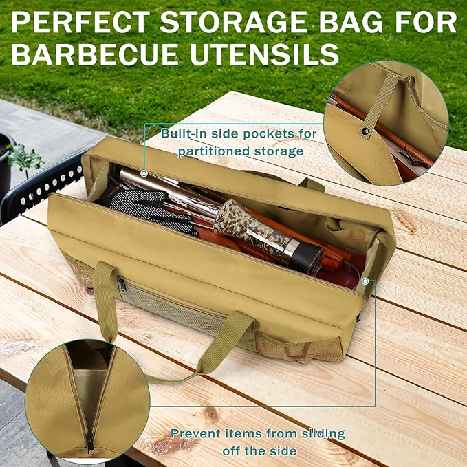 Grill Tool Storage Bag, Large Grill Utensil Storage Caddy with Pockets, Portable Grill Accessory Storage Bag for Outdoor Camping & BBQ (Brown)