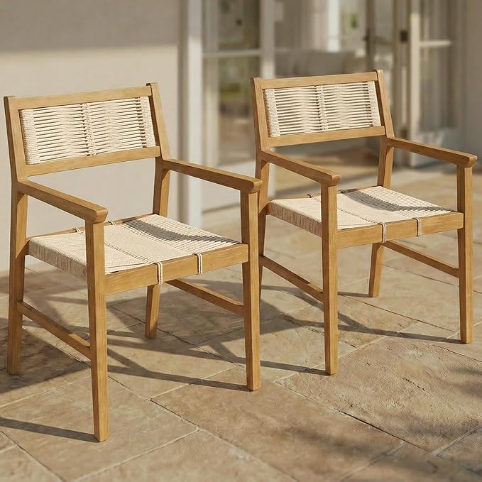 Acacia Heritage Woven Rope Wood Armchair, Set of 2 - Handcrafted Outdoor Patio Dining Chairs with UV Resistant Finish - Solid Wood Boho Accent Seating for Deck, Porch & Backyard, Natural