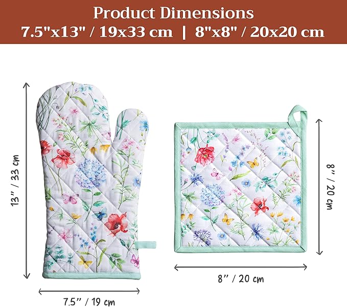 Maison d' Hermine 100% Cotton Oven Mitt & Pot Holder Set (7.5"x13" & 8"x8") Heat Resistant BBQ Cooking Gloves with Loop Baking Grilling Kitchen Hotel Home Farmhouse Spring Summer (Just Floral)
