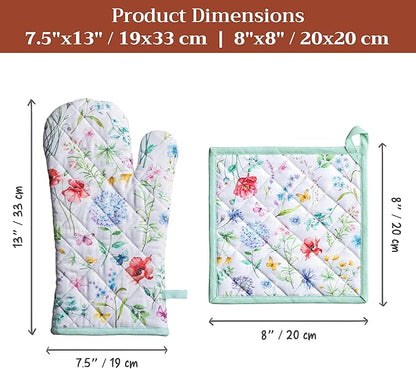 Maison d' Hermine 100% Cotton Oven Mitt & Pot Holder Set (7.5"x13" & 8"x8") Heat Resistant BBQ Cooking Gloves with Loop Baking Grilling Kitchen Hotel Home Farmhouse Spring Summer (Just Floral)