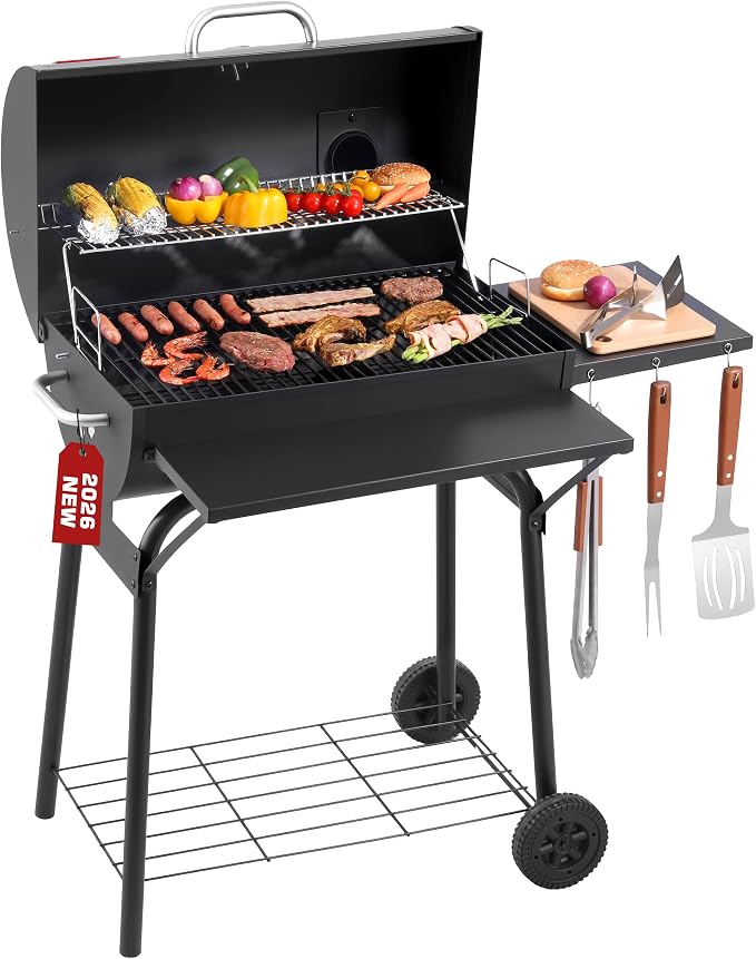 Barrel Charcoal Grill, 554 Sq. In. Large Outdoor BBQ Grill | 4-position adjustable charcoal pan, thermometer, warming rack, front shelf, folding side table, wheels and storage rack