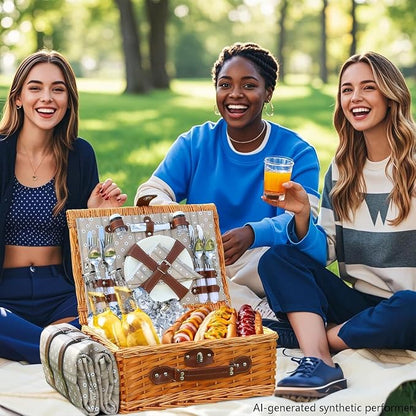 Wicker Picnic Basket Set for 4, Blanket, Cooler Bag, Brown Floral | Four-Person Wicker Set Includes Tableware, Insulated Food Storage and Waterproof Blanket for Parks, Camping, Dates and Gifts