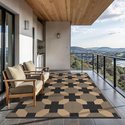 GENIMO Outdoor Rug, Waterproof Plastic Rugs for Patio, 6'x9' Deep Brown | Outside Larger Modern Carpet Mat for Porch Decor, Deck, Balcony, Camping, RV, Backyard, Picnic, Beach, Reversible, Foldable