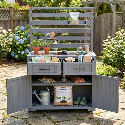 Outdoor Grill Cart with Storage Cabinet and Stainless Table Top, Outdoor Kitchen Island Prep Cart Grill Station for Food Prep and BBQ, Gray