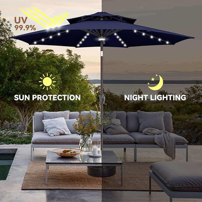 Solar Patio Umbrella Outdoor with Centre Light, 9 ft Navy Blue | 2 Tiers, 40 LED Lights, UV Protection, Solar Outdoor Umbrella for Porch, Deck, Pool, Garden, Provides Evening Lighting