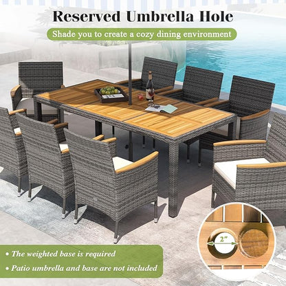 Tangkula 9 Pieces Outdoor Wicker Dining Set, Patio Dining Furniture Set with Acacia Wood Table and 8 Armchairs, Outdoor Table and Chairs Set with 1.96” Umbrella Hole and Cushions