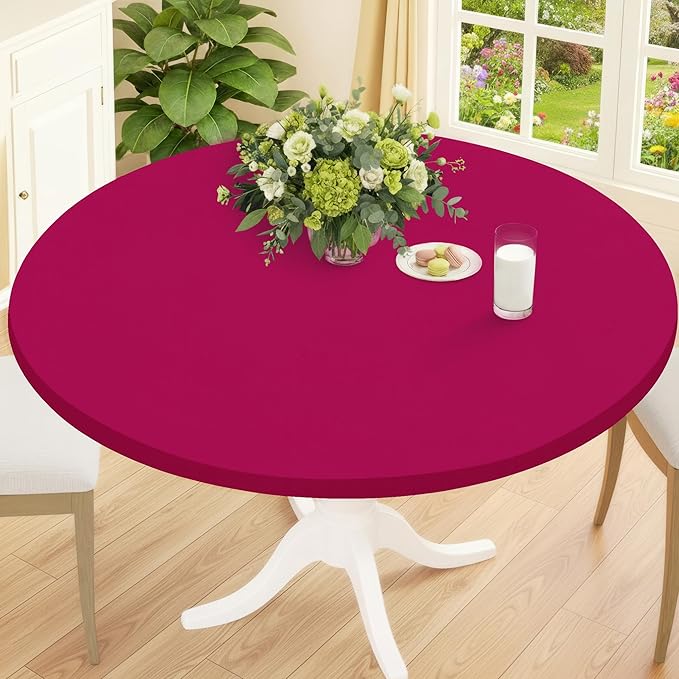 Smiry Round Spandex Tablecloth, Elastic Fitted Washable Tablecloths for 36"-44" Tables, Waterpoof Stretch Picnic Table Cover for Dining, Indoor and Outdoor, Fuchsia