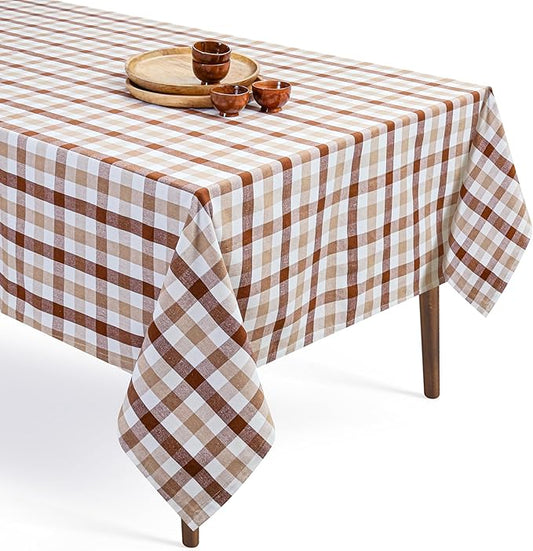 Brown Beige and White Gingham Check Tablecloth, 60x84 Inches, Reusable Farmhouse Table Linen, 100% Cotton, Washable, Plaid Table Cover for Rustic Décor, Weddings, Everyday Dining