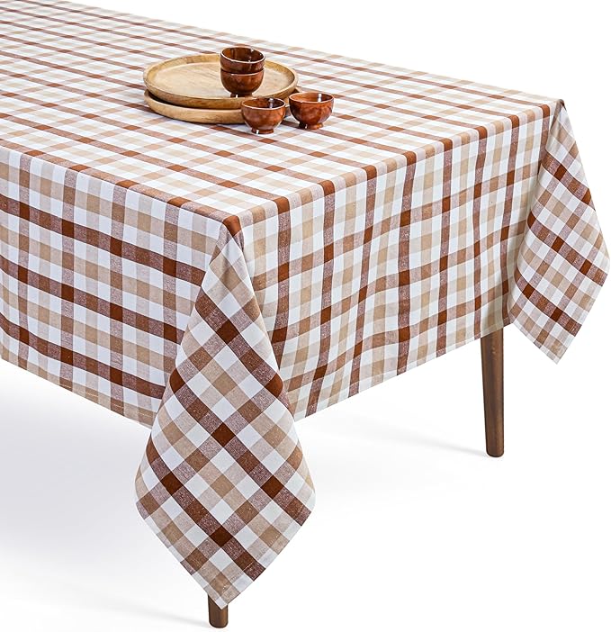 Brown Beige and White Gingham Check Tablecloth, 60x102 Inches, Reusable Farmhouse Table Linen, 100% Cotton, Washable, Plaid Table Cover for Rustic Décor, Weddings, Everyday Dining