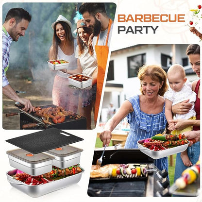 4 Pcs Grill Prep Set – Stainless Steel BBQ Prep & Serve Tray, Marinade Containers with Lids and Cutting Board for Outdoor Grilling, BBQ, Marinating (Deep Tray)