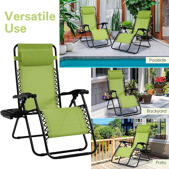 Goplus Zero Gravity Lounge Chairs, 160°Adjustable Folding Recliner w/Pillow and Cup Holder, 350LBS Comfy Outdoor Lounge Chairs for Patio, Lawn, Yard & Camp(1, Green)