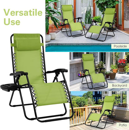Goplus Zero Gravity Lounge Chairs, 160°Adjustable Folding Recliner w/Pillow and Cup Holder, 350LBS Comfy Outdoor Lounge Chairs for Patio, Lawn, Yard & Camp(1, Green)