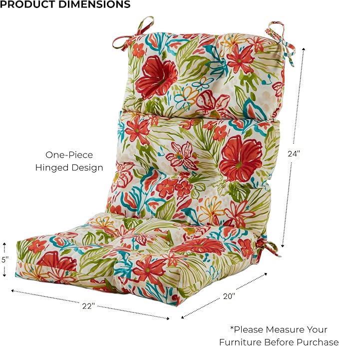 Outdoor Tufted High-Back Chair Cushions, One-Piece Hinged Seat and Back Design, Reversible with 4 Ties, Durable Polyester Fabric, Recycled Fiber Fill - Single, Breeze Floral