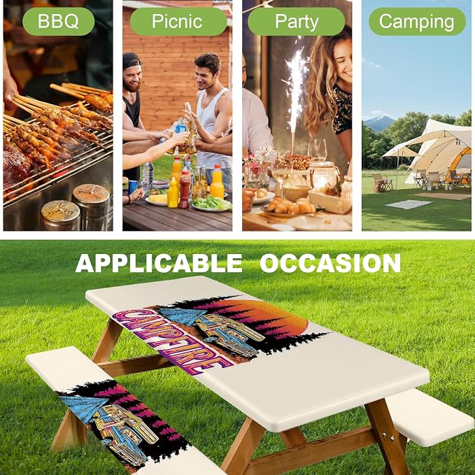ANNA QUEEN Retro Camping Adventure 6FT Picnic Table Cover with Bench Covers Set of 3 with Drawstring Bag, Vintage Camper 72"x30" Waterproof Picnic Tablecloth & Bench Covers