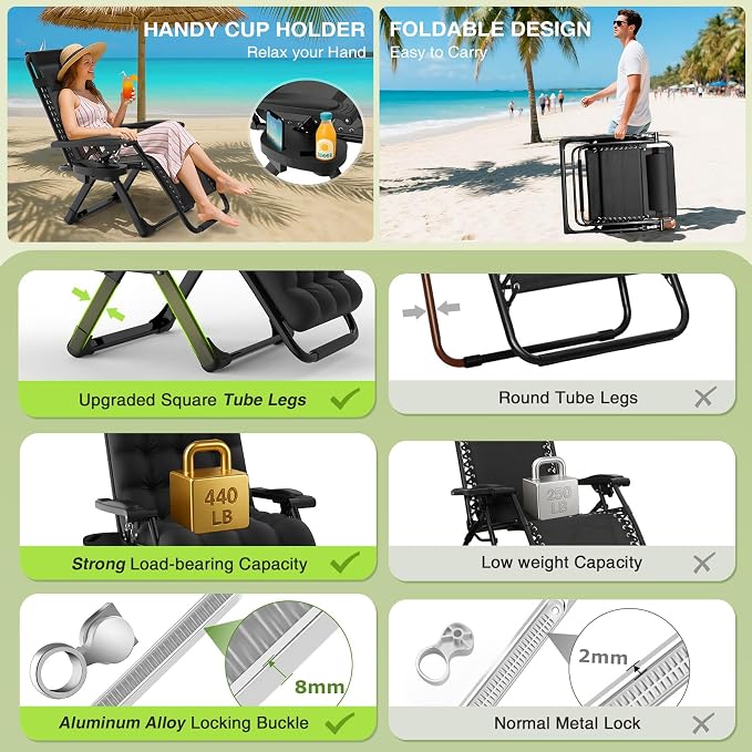 Suteck Zero Gravity Chairs Set of 2, Reclining Camping Chair with Cushion | Anti Gravity Recliner Lounge Chair with Aluminum Alloy Lock & Cup Holder, 90-170° Adjustable, for Lawn Patio Indoor