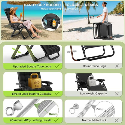 Suteck Zero Gravity Chairs Set of 2, Reclining Camping Chair with Cushion | Anti Gravity Recliner Lounge Chair with Aluminum Alloy Lock & Cup Holder, 90-170° Adjustable, for Lawn Patio Indoor