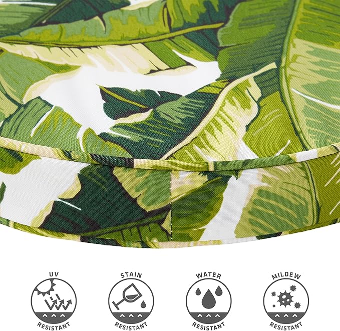 Set of 2 Outdoor 18 inch Round Patio Dining Chair Pads – Comfortable Fiber-Filled Seat Cushions with Ties, Reversible Polyester Fabric - Palm Leaves White