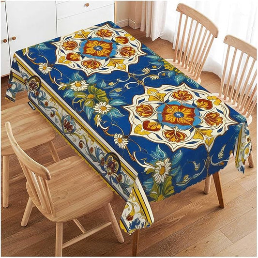 Swono Tablecloth 52"X70" Moroccan Blue, Geometric Turkish Floral Paisley Rectangle Table Cover Anti-Oil Tablecloth for Dining Tables, Parties, Wedding and Banquet Decoration
