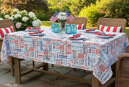Newbridge Celebrate America Patriotic Blue Stars and Stripes 60 x 120 Inch Rectangle Vinyl Flannel Back Tablecloth, Waterproof Indoor Outdoor Dining BBQ Party Table Cover