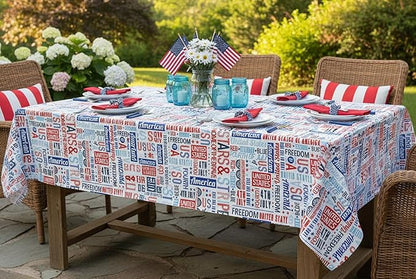 Newbridge Celebrate America Patriotic Blue Stars and Stripes 52 x 70 Inch Rectangle Vinyl Flannel Back Tablecloth, Waterproof Indoor Outdoor Dining BBQ Picnic Table Cover