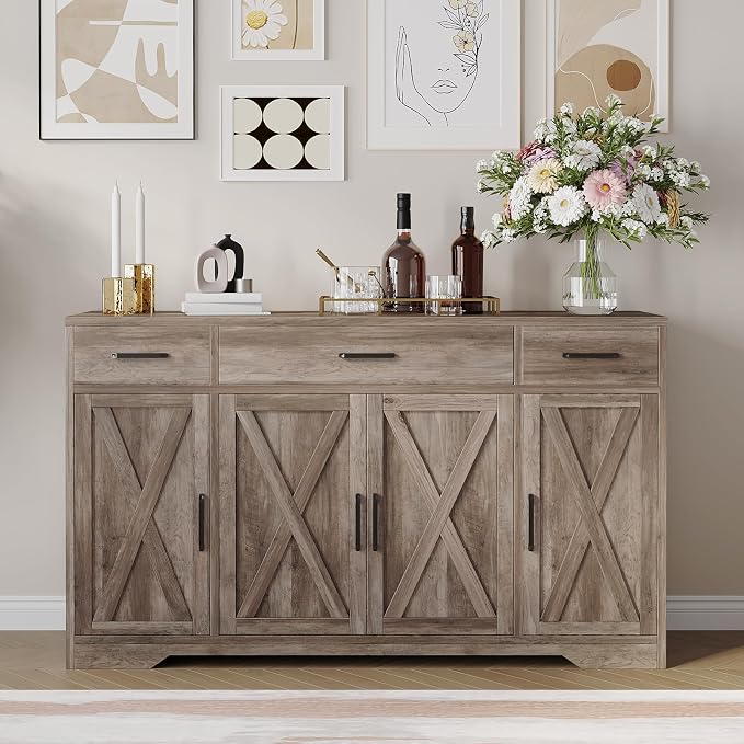 Garvee 55 in Large Buffet Sideboard Cabinet with Storage 4 Doors and 3 Drawers Kitchen Storage Cabinet Coffee Bar Buffet Table for Dining Room, Living Room, Adjustable Shelf