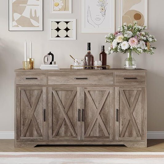 Garvee 55 in Large Buffet Sideboard Cabinet with Storage 4 Doors and 3 Drawers Kitchen Storage Cabinet Coffee Bar Buffet Table for Dining Room, Living Room, Adjustable Shelf