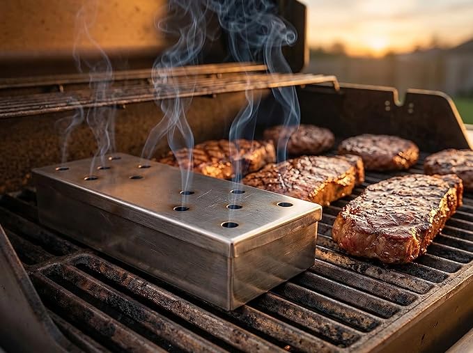 Smoker Box - Heavy Duty Stainless Steel Wood Chip Smoker for Gas & Charcoal Grills, Even Heat Vent Design, for Meat, Fish and More.
