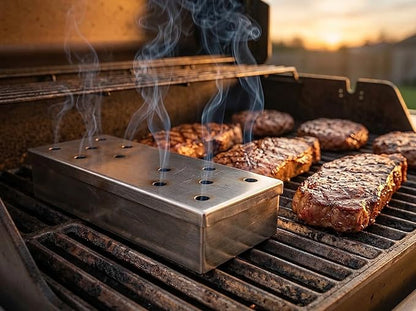 Smoker Box - Heavy Duty Stainless Steel Wood Chip Smoker for Gas & Charcoal Grills, Even Heat Vent Design, for Meat, Fish and More.