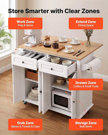 VEVOR Kitchen Island Cart with Storage, 43.58 in Wide Mobile Rolling Storage Island on Swivel Wheels, with 2 Drawers, Storage Cabinet, Drop Leaf, Spice/Towel Rack, Table for Home Dining Room, White