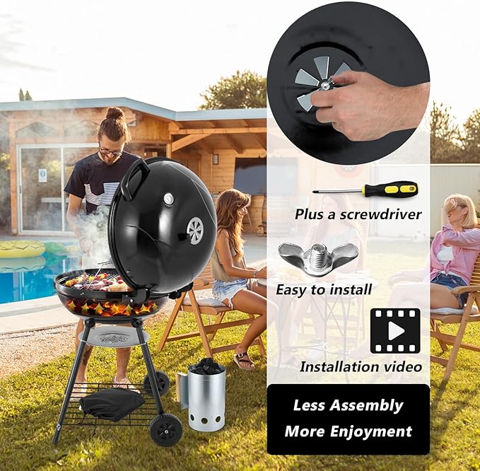 HaSteeL 22-Inch Kettle Charcoal Grill, Portable BBQ Gill with Wheels for Outdoors Barbecue, Camping, Picnic, Backyard, Tailgating, Beach, Storage Rack & 355 SQ.In Cooking Area, Black Porcelain Enamel