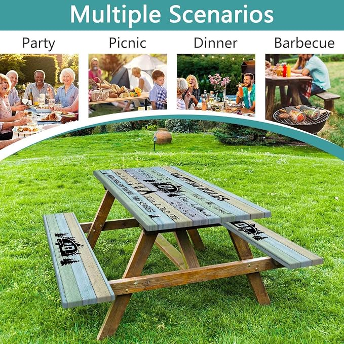 Wooden Camping Rules Picnic Table Cover with Bench Covers and Bag, Waterproof Windproof, Fitted Tablecloth Cover with Elastic Edge, for Indoor & Outdoor, Garden, Camping, 3 Pieces Set, 30x96 Inch