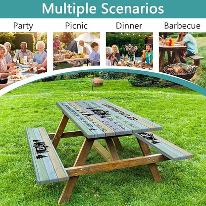 Wooden Camping Rules Picnic Table Cover with Bench Covers and Bag, Waterproof Windproof, Fitted Tablecloth Cover with Elastic Edge, for Indoor & Outdoor, Garden, Camping, 3 Pieces Set, 30x96 Inch