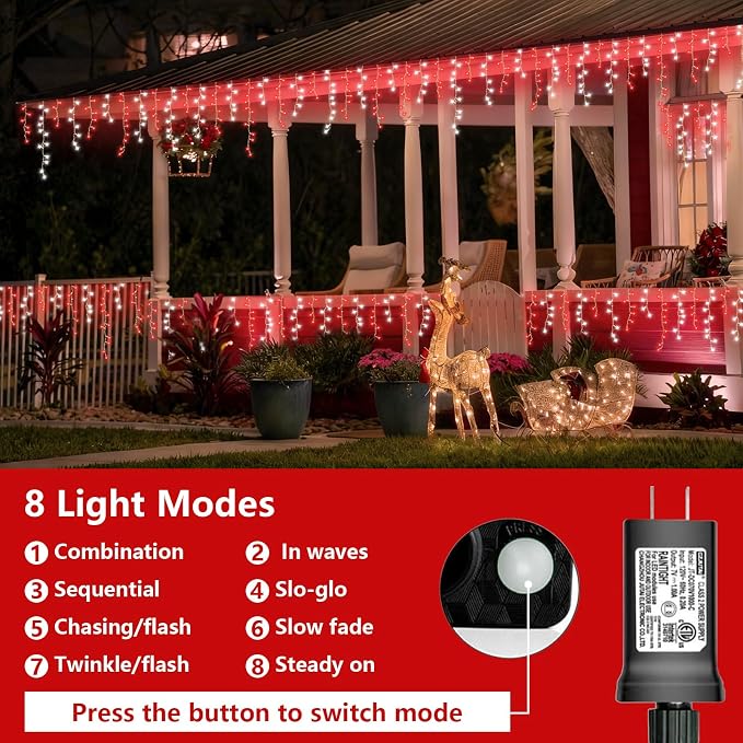 YEGUO 33ft 400 LED Red and White Icicle Lights Outdoor Waterproof, 80 Drops Icicle String Lights Connectable, 8 Modes Icicle Christmas Lights with Memory