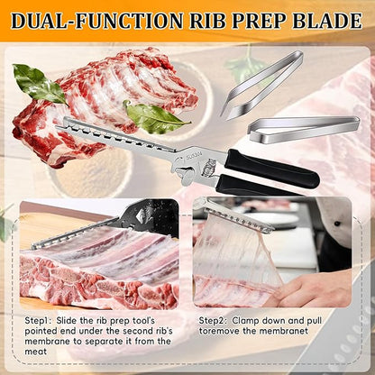 Stainless Steel Rib Membrane Remover – BBQ Rib Prep Kit with 2 Tweezers & Gloves – Effortless Ribs Skin Removal Tool for Chefs, Grilling & Home Cooking