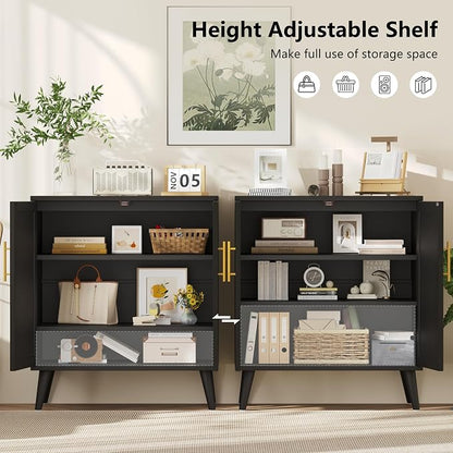 Keehusux 15.7" D Black Storage Cabinet with 2 Doors & Adjustable Shelf | Accent Buffet Sideboard Solid Wood Legs, Coffee Bar, Modern Floor Storage Cabinet for Kitchen, Living Room