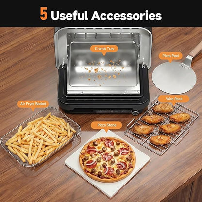 KINGWISE Convection Pizza Oven Electric, IPX4 Waterproof Countertop Air Fryer Oven, Fits 13-Inch Pizza, Heats up to 750℉, 6 Cooking Functions and 5 Pizza Presets, Pizza Stone & Pizza Peel Included