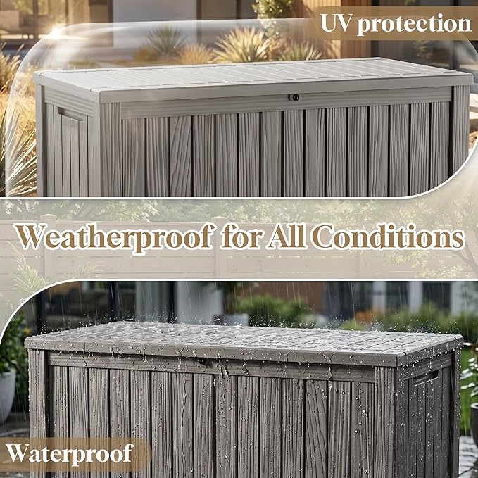 ROJIK 150 Gallon Outdoor Storage Box Waterproof,Weatherproof Deck Boxes Outdoor Lockable,Resin Outside Storage Box for Garden Tools,Cushions,Pool Accessories(Grey,150 Gal)